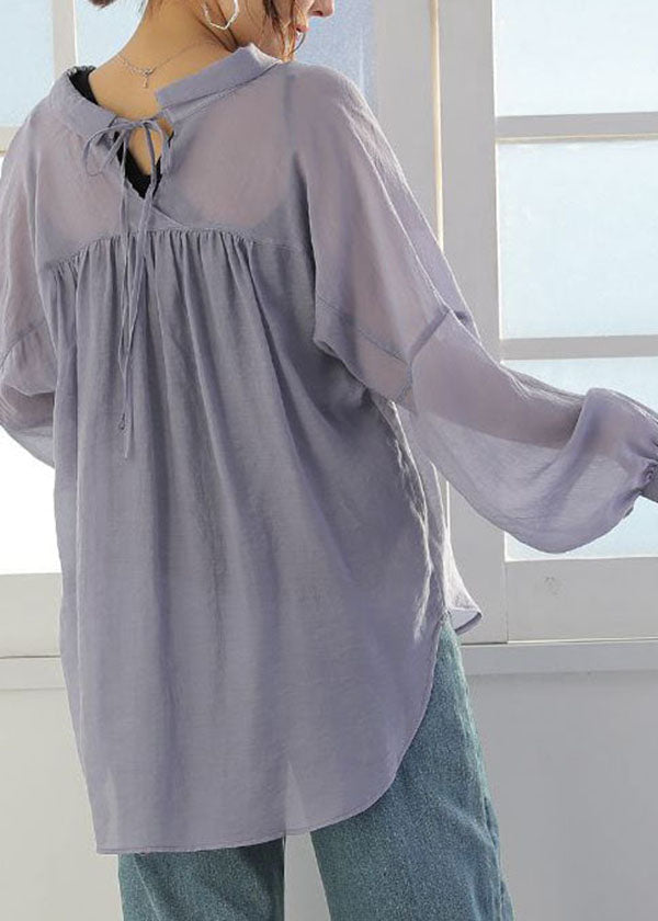 Diy Purple Peter Pan Collar Patchwork Cotton Shirt Top Long Sleeve