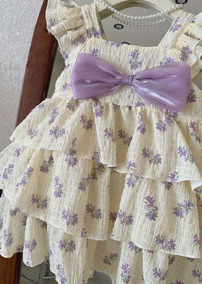 Diy Purple Print Bow Wrinkled Patchwork Cotton Kids Dress Summer