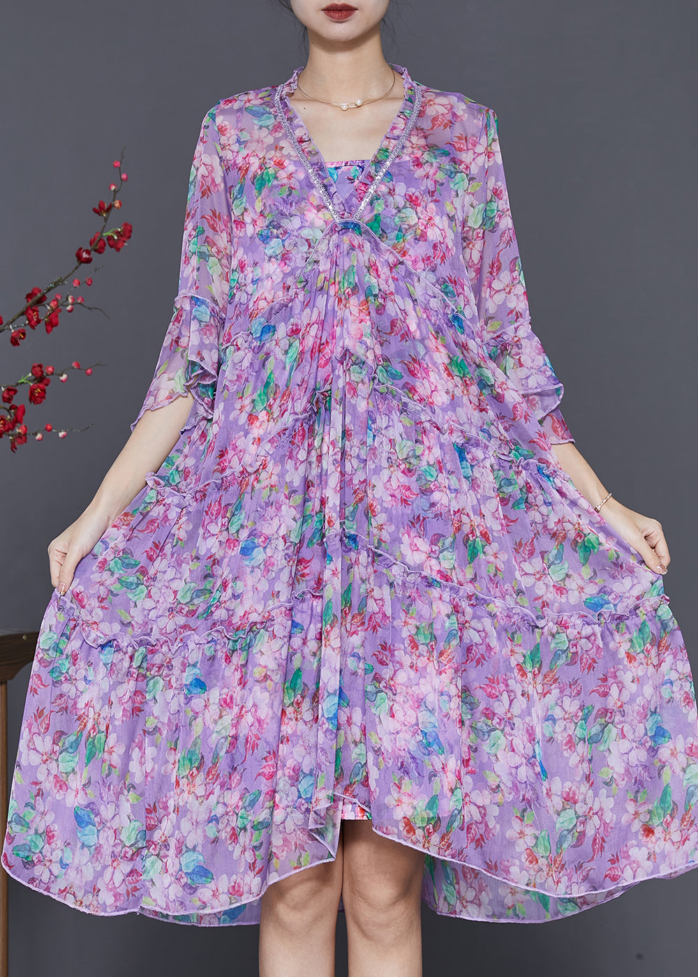 Diy Purple Ruffled Print Exra Large Hem Chiffon Dress Summer