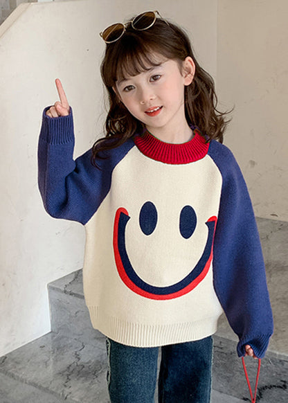 Diy Purple Smiling Face O-neck Thick Cotton Knit Kids Sweater Spring