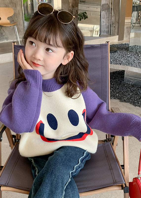Diy Purple Smiling Face O-neck Thick Cotton Knit Kids Sweater Spring