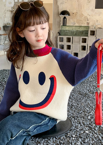 Diy Purple Smiling Face O-neck Thick Cotton Knit Kids Sweater Spring