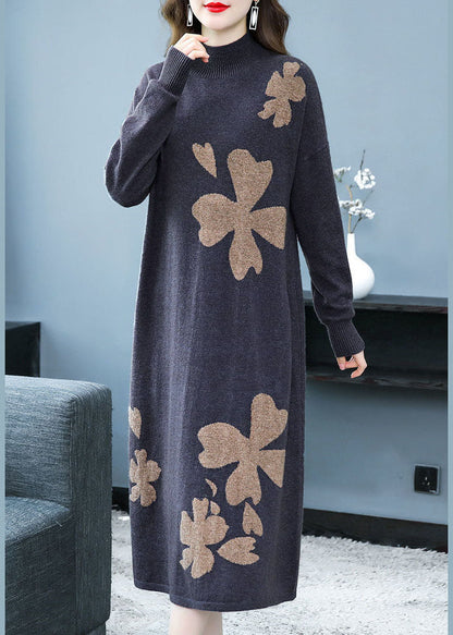 Diy Purple Stand Collar Embroideried Knit Cashmere Sweater Dress Long Sleeve