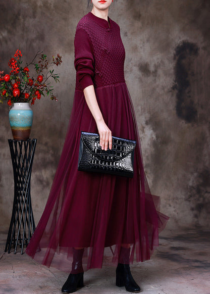 Diy Purple Stand Collar Tulle Patchwork Knit Mid Dress Long Sleeve