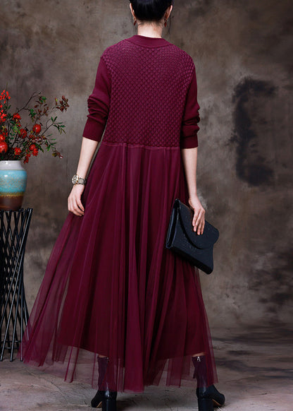 Diy Purple Stand Collar Tulle Patchwork Knit Mid Dress Long Sleeve