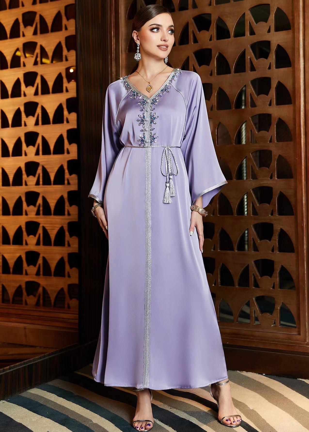 Diy Purple V Neck Patchwork Tie Waist Chiffon Maxi Dress Fall