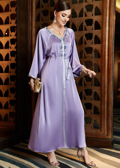 Diy Purple V Neck Patchwork Tie Waist Chiffon Maxi Dress Fall