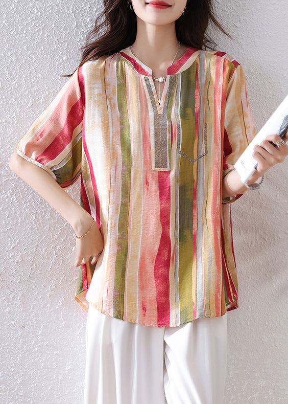 Diy Rainbow V Neck Striped Cotton Top Half Sleeve