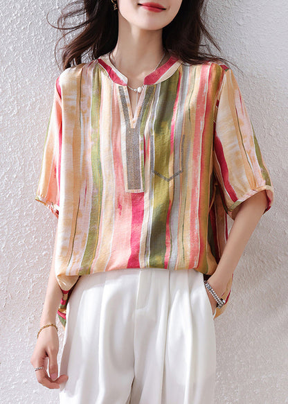 Diy Rainbow V Neck Striped Cotton Top Half Sleeve