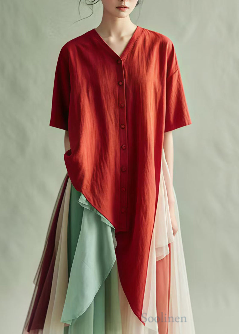 Diy Red Asymmetrical Oversized Cotton Shirt Tops Summer