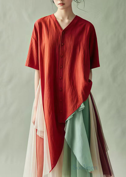 Diy Red Asymmetrical Oversized Cotton Shirt Tops Summer