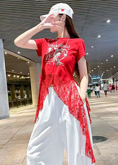 Diy Red Asymmetrical Patchwork Lace Tank Summer