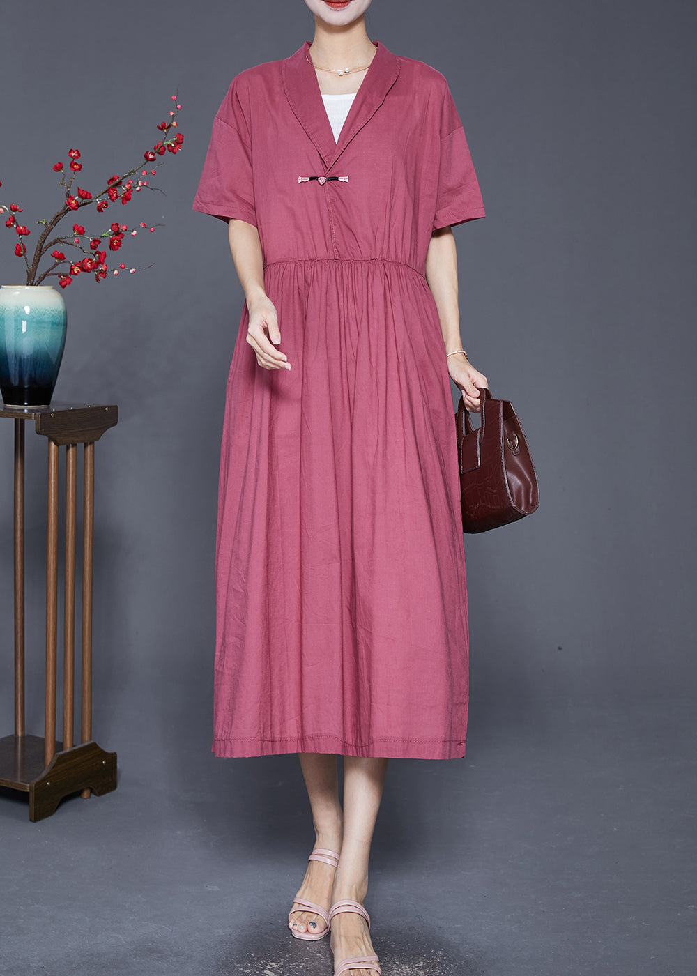 Diy Red Chinese Button Exra Large Hem Linen Maxi Dresses Summer