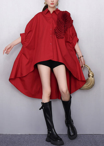 Diy Red Low High Design Cotton Long Shirts Batwing Sleeve