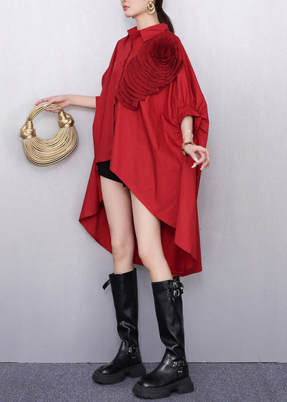 Diy Red Low High Design Cotton Long Shirts Batwing Sleeve