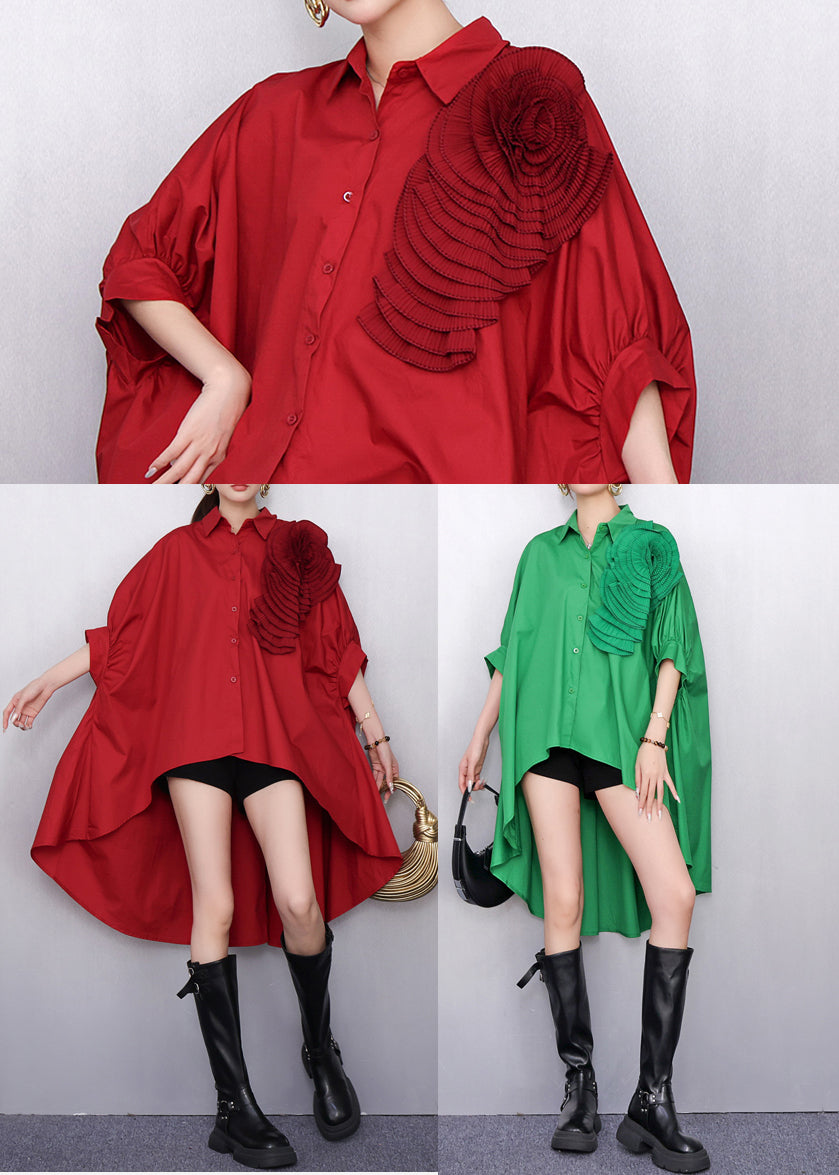 Diy Red Low High Design Cotton Long Shirts Batwing Sleeve