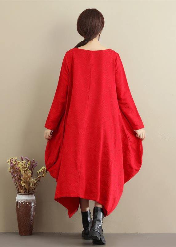 Diy Red Jacquard Tunics O Neck Asymmetric Maxi Spring Dresses