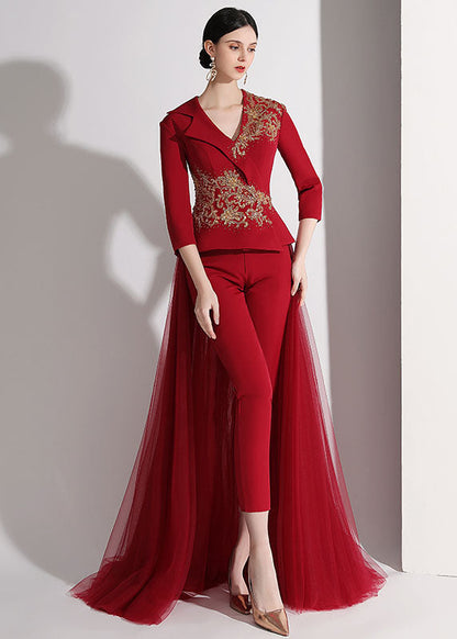 Diy Red Notched Patchwork Detachable Tulle Ribbon Coats and Crop Pants Silk Two Pieces Set Fall