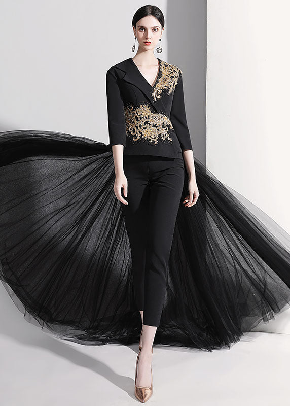 Diy Red Notched Patchwork Detachable Tulle Ribbon Coats and Crop Pants Silk Two Pieces Set Fall