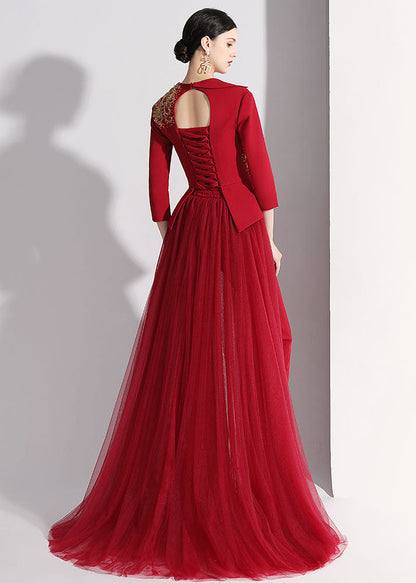 Diy Red Notched Patchwork Detachable Tulle Ribbon Coats and Crop Pants Silk Two Pieces Set Fall
