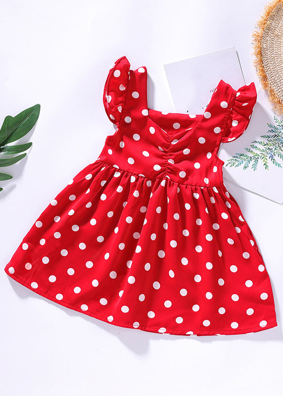 Diy Red O-neck Dot Print Wrinkled Kids Mid Dress Sleeveless