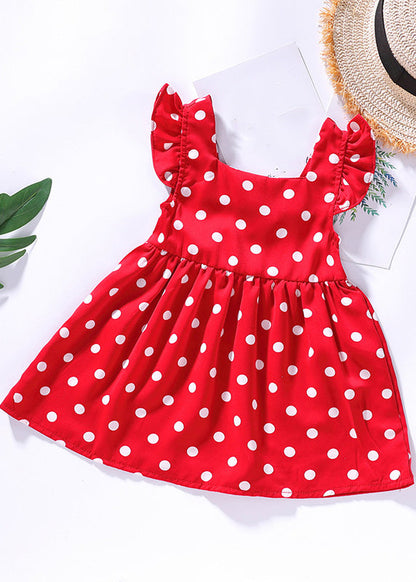 Diy Red O-neck Dot Print Wrinkled Kids Mid Dress Sleeveless