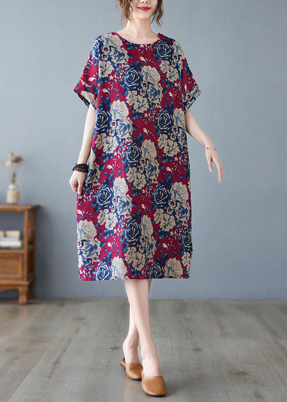 Diy Red O-neck Print Pockets Cotton Holiday Dress Short Sleeve