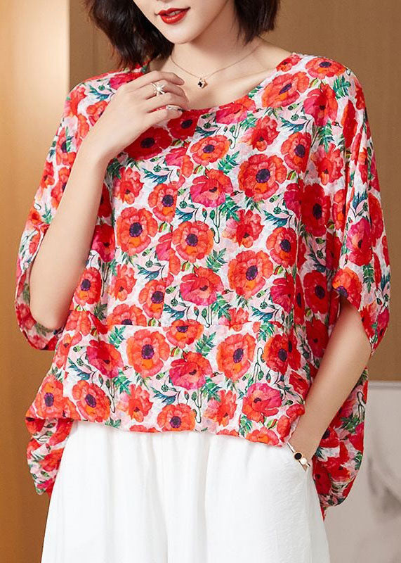 Diy Red O Neck Print Patchwork Silk T Shirt Top Summer