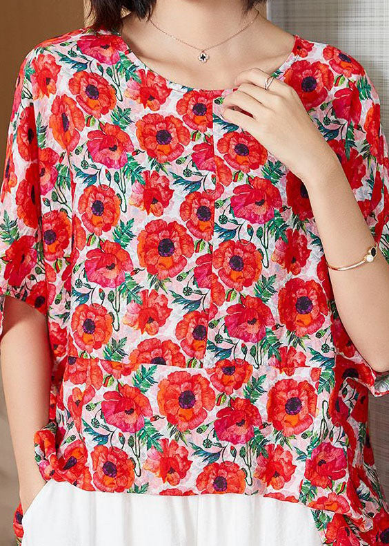 Diy Red O Neck Print Patchwork Silk T Shirt Top Summer