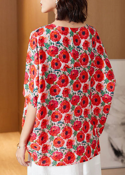 Diy Red O Neck Print Patchwork Silk T Shirt Top Summer