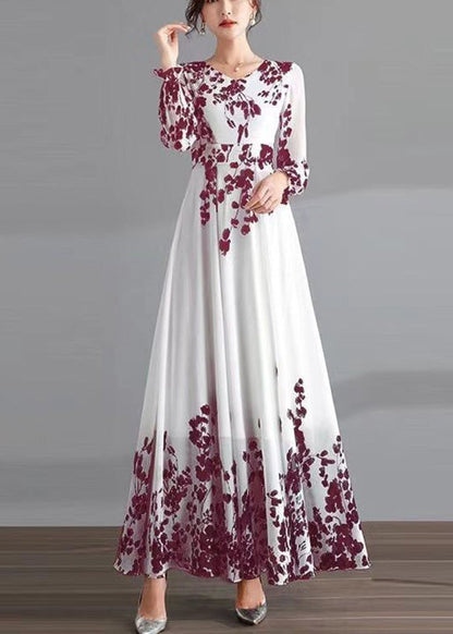 Diy Red O-neck Print Tunic Chiffon Holiday Long Dresses Long Sleeve