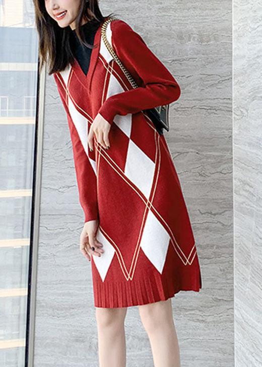 Diy Red O-neck Side Open Knit Dress Winter