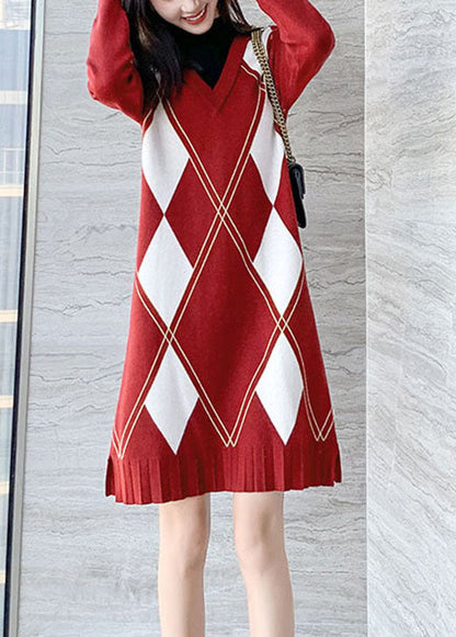Diy Red O-neck Side Open Knit Dress Winter