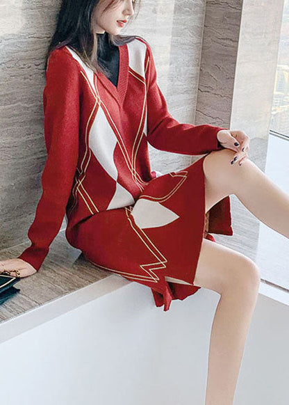 Diy Red O-neck Side Open Knit Dress Winter