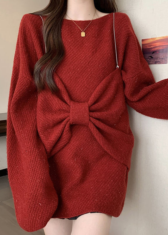 Diy Red Oversized Bow Knit Sweaters Two Piece Set Fall