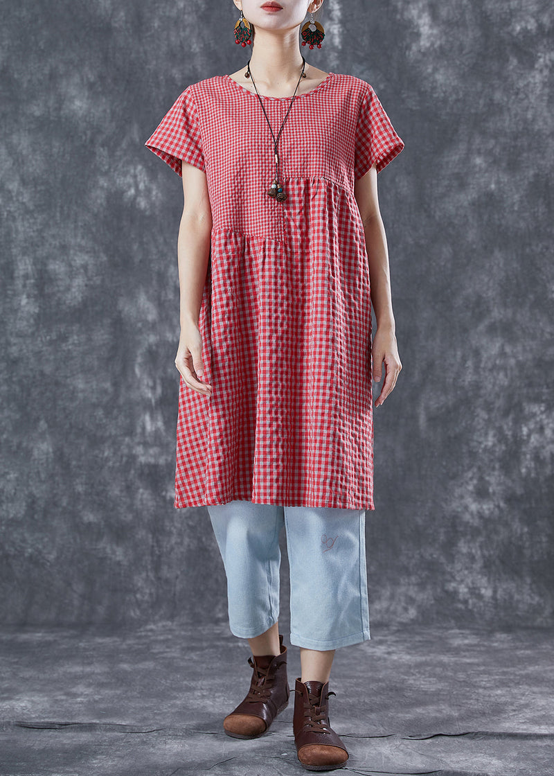 Diy Red Oversized Patchwork Plaid Linen Dresses Summer
