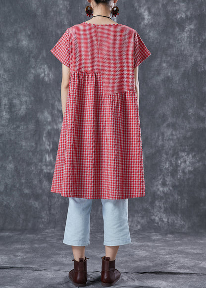 Diy Red Oversized Patchwork Plaid Linen Dresses Summer