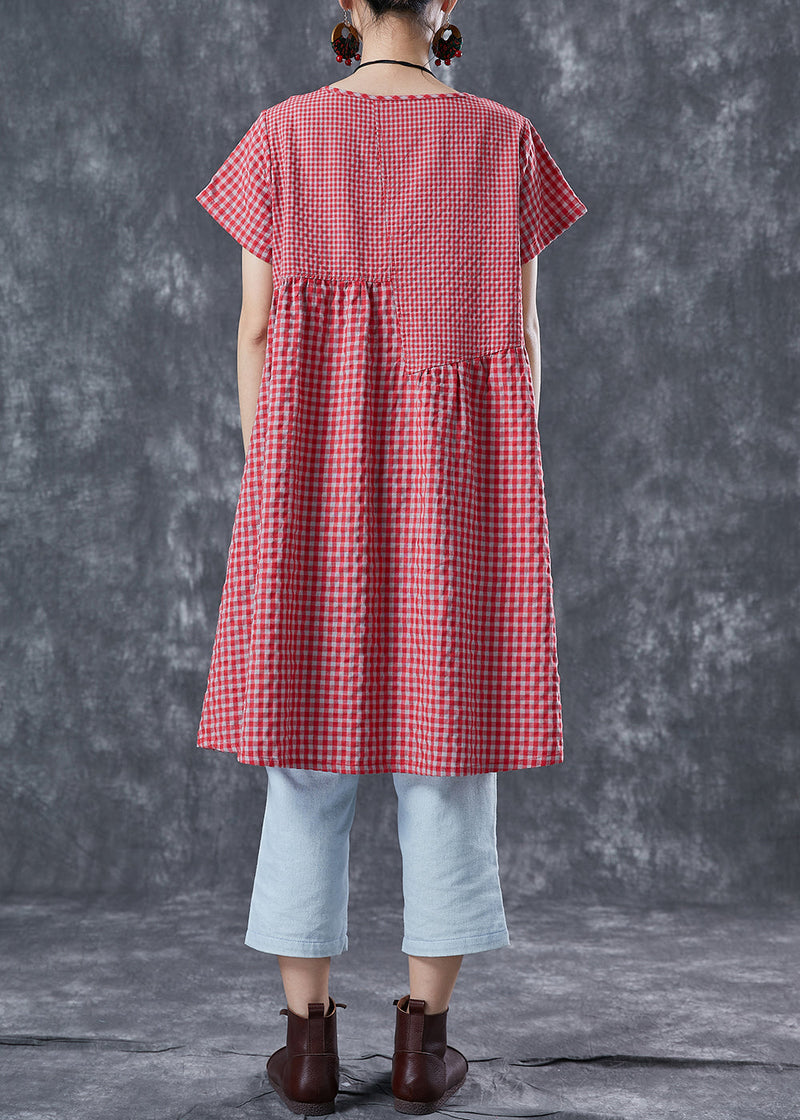 Diy Red Oversized Patchwork Plaid Linen Dresses Summer