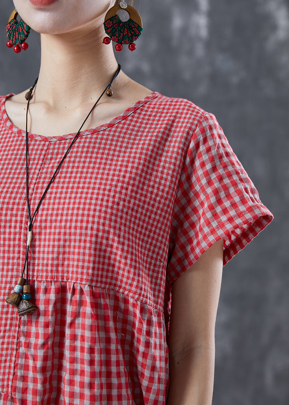 Diy Red Oversized Patchwork Plaid Linen Dresses Summer