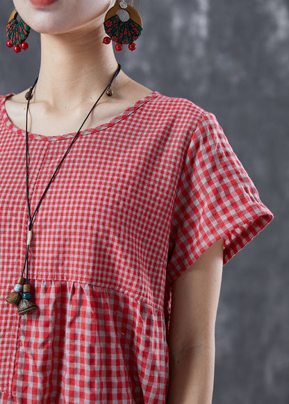Diy Red Oversized Patchwork Plaid Linen Dresses Summer