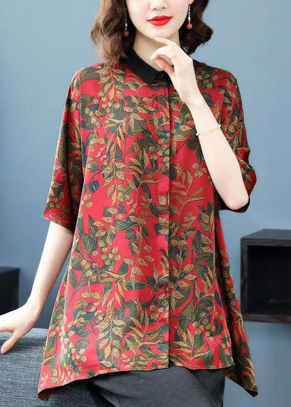 Diy Red Peter Pan Collar Print Patchwork Silk Shirts Summer