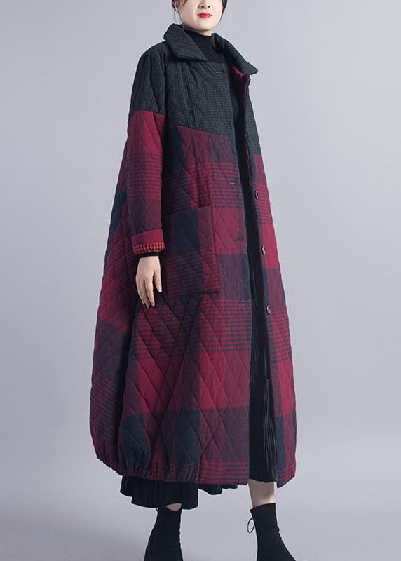 Diy Red Plaid Patchwork Fine Cotton Filled Winter Coat