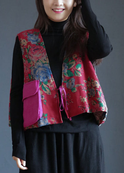Diy Red Print Oversized Tie Waist Fine Cotton Filled Vest Spring