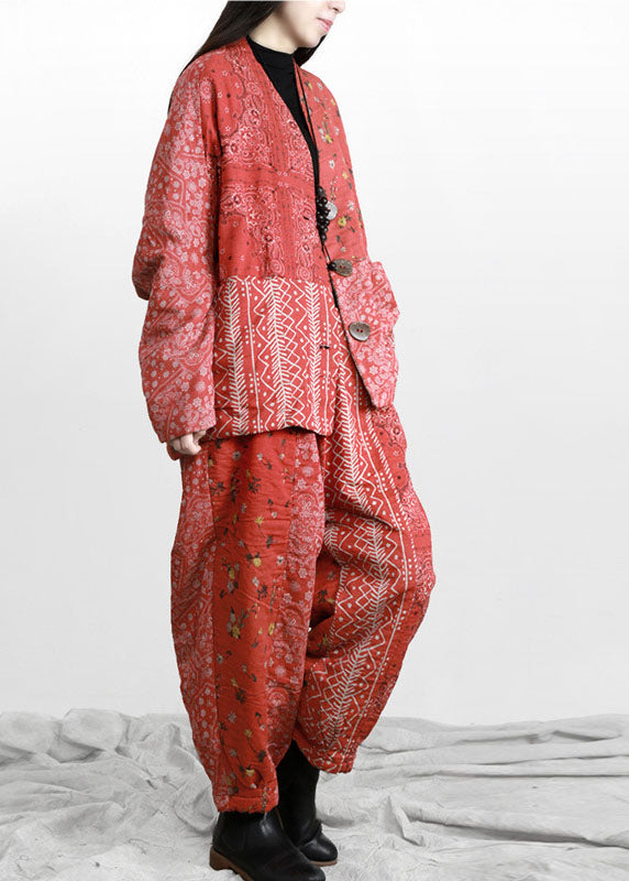 Diy Red Print Patchwork Asymmetrical Design Fall Two Pieces Set