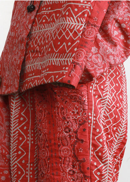 Diy Red Print Patchwork Asymmetrical Design Fall Two Pieces Set