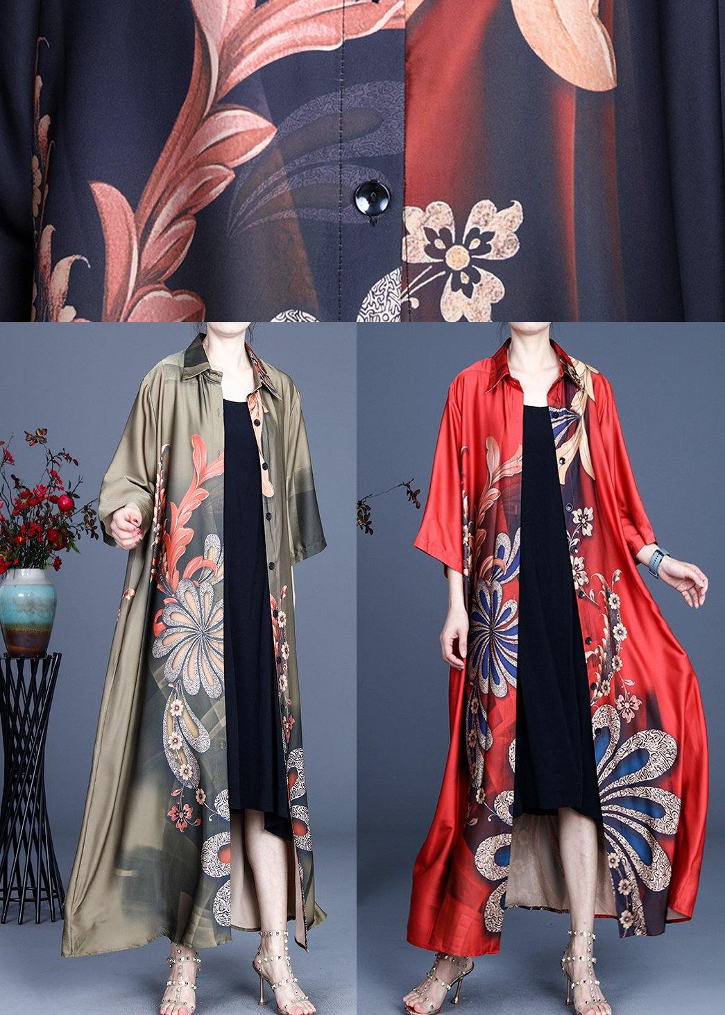 Diy Red Print Spring Loose Coat Long