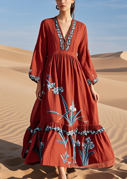 Diy Red Ruffled Print Cotton Maxi Dresses Spring