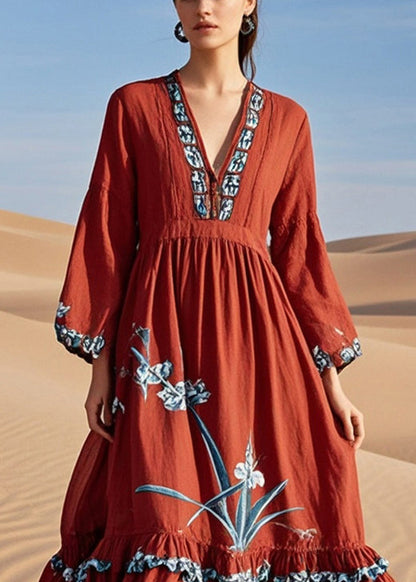 Diy Red Ruffled Print Cotton Maxi Dresses Spring