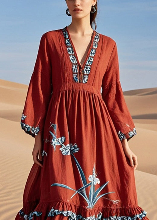Diy Red Ruffled Print Cotton Maxi Dresses Spring