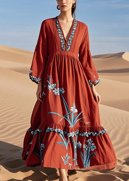 Diy Red Ruffled Print Cotton Maxi Dresses Spring